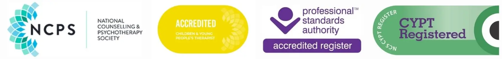 Accreditations - NCPS, Accredited Registrant MNCPS, Professional Standards Authority Accredited Register and Accredited Children & Youth People's Therapist.