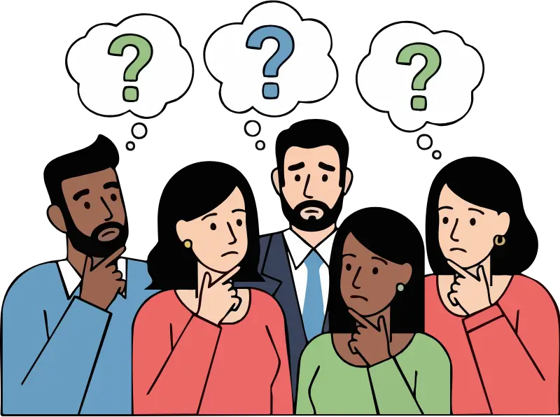 A group of people with question marks in bubbles above their head.
